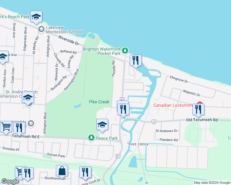 map of restaurants, bars, coffee shops, grocery stores, and more near 292 Pentilly Road in Tecumseh