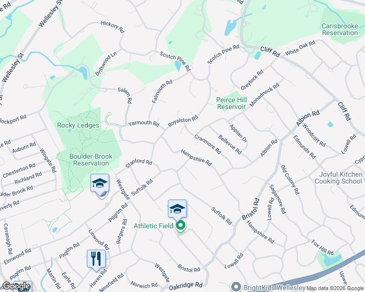 map of restaurants, bars, coffee shops, grocery stores, and more near 151 Hampshire Road in Wellesley