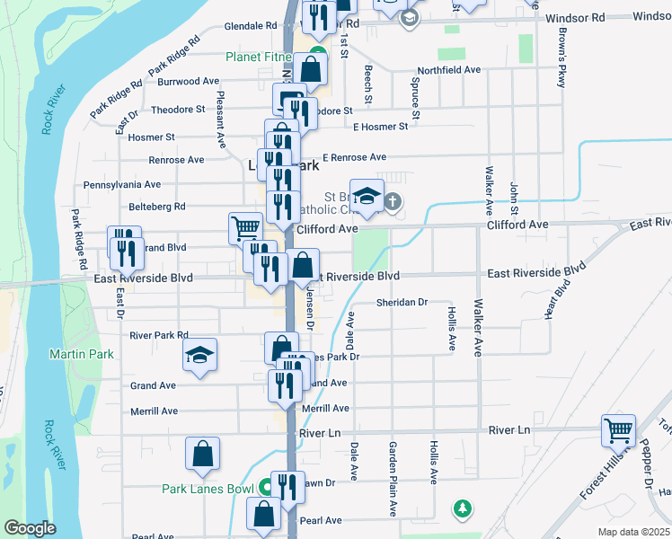 map of restaurants, bars, coffee shops, grocery stores, and more near 536 East Riverside Boulevard in Loves Park