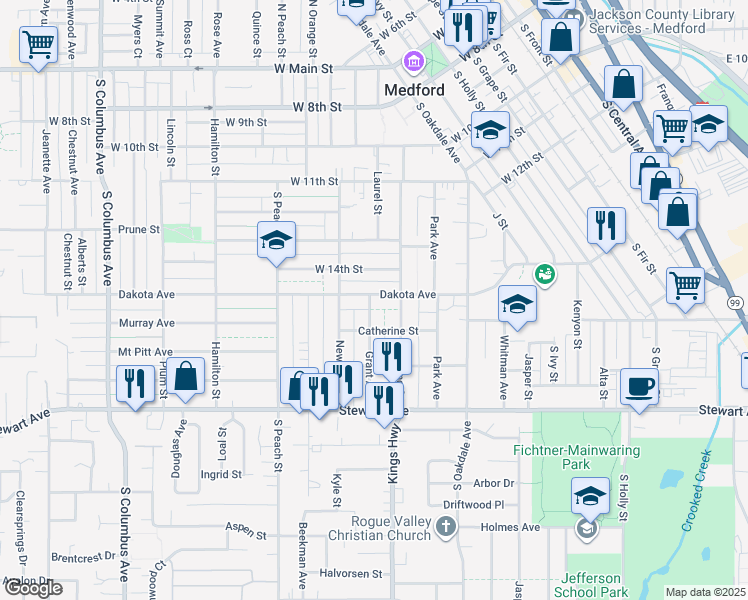 map of restaurants, bars, coffee shops, grocery stores, and more near 711 Grant Avenue in Medford