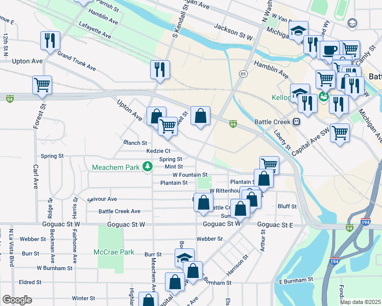 map of restaurants, bars, coffee shops, grocery stores, and more near 100 Upton Avenue in Battle Creek
