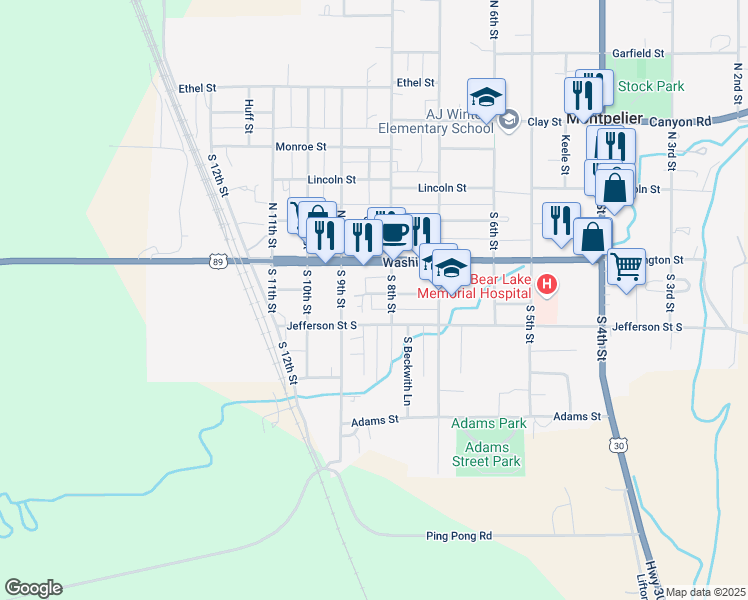 map of restaurants, bars, coffee shops, grocery stores, and more near 823 Jackson Street in Montpelier