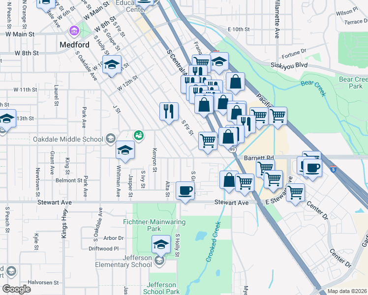 map of restaurants, bars, coffee shops, grocery stores, and more near 753 S Grape St in Medford