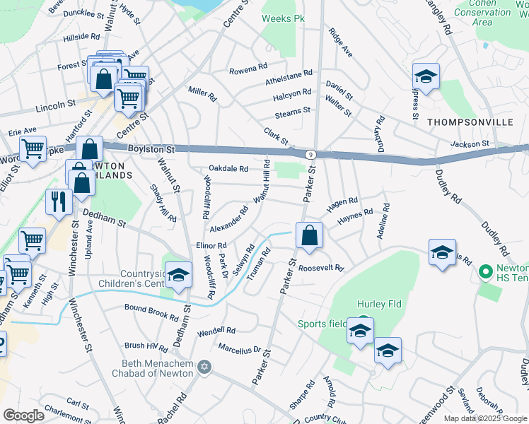 map of restaurants, bars, coffee shops, grocery stores, and more near 115 Elinor Road in Newton