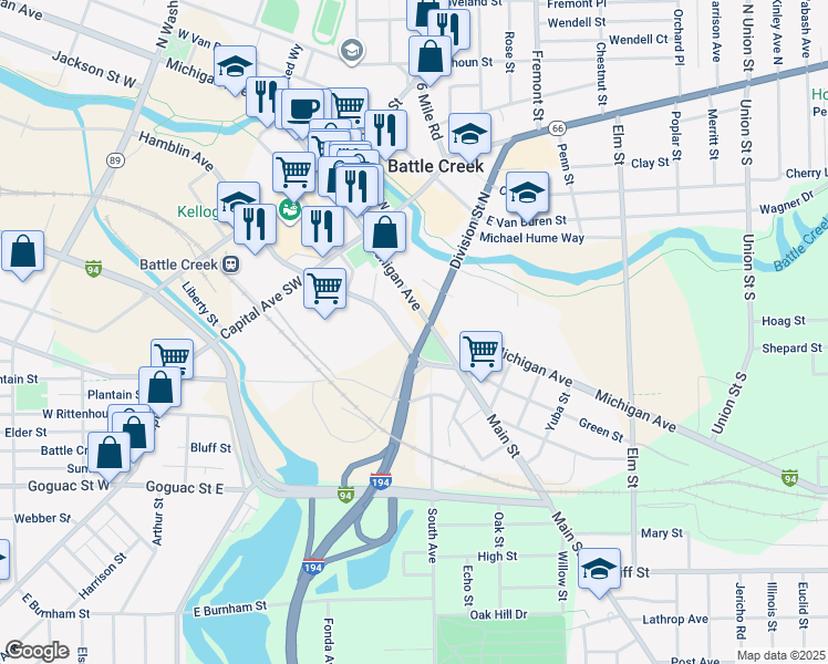 map of restaurants, bars, coffee shops, grocery stores, and more near 84 Michigan Avenue in Battle Creek
