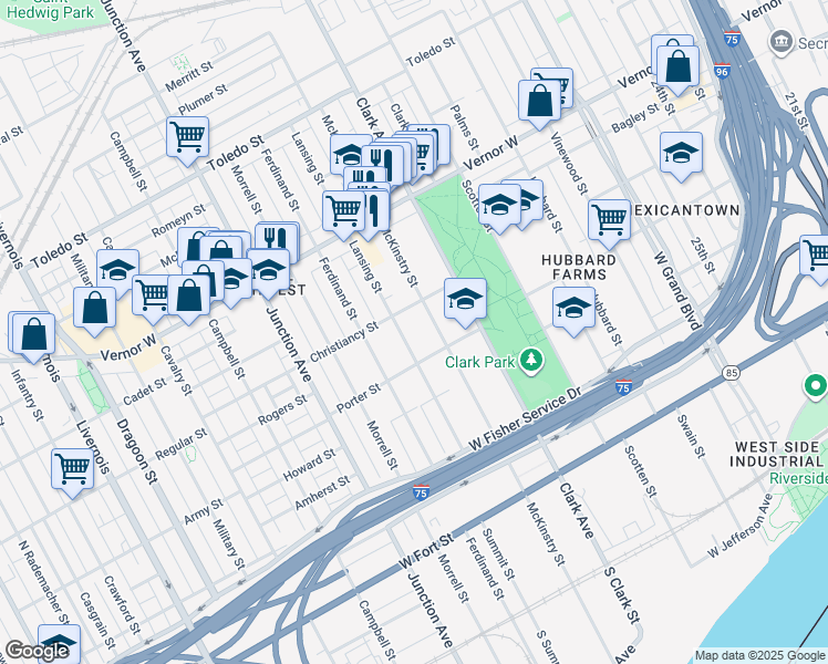 map of restaurants, bars, coffee shops, grocery stores, and more near 1460 Lansing Street in Detroit