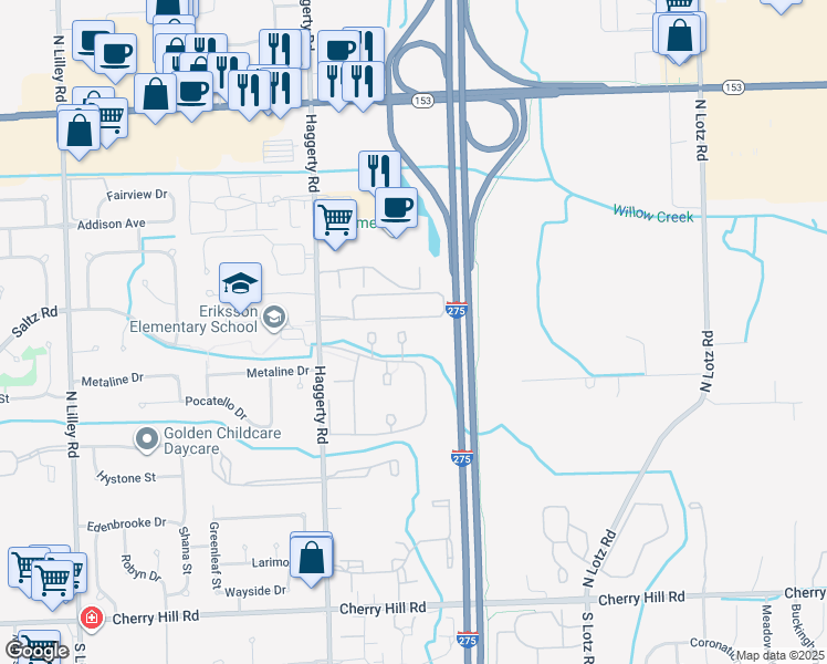 map of restaurants, bars, coffee shops, grocery stores, and more near 1002 Canterbury Circle in Wayne County