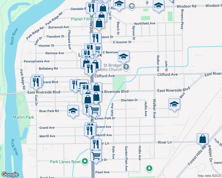 map of restaurants, bars, coffee shops, grocery stores, and more near 536 East Riverside Boulevard in Loves Park