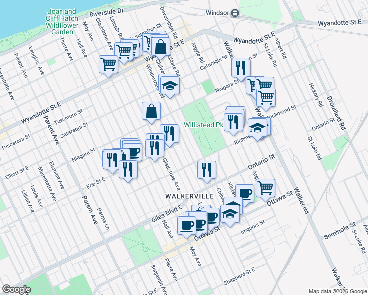 map of restaurants, bars, coffee shops, grocery stores, and more near 1025 Windermere Road in Windsor