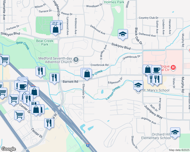 map of restaurants, bars, coffee shops, grocery stores, and more near 2101 East Barnett Road in Medford