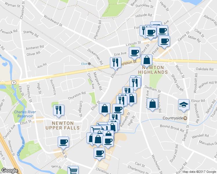 map of restaurants, bars, coffee shops, grocery stores, and more near 69 Elliot Street in Newton