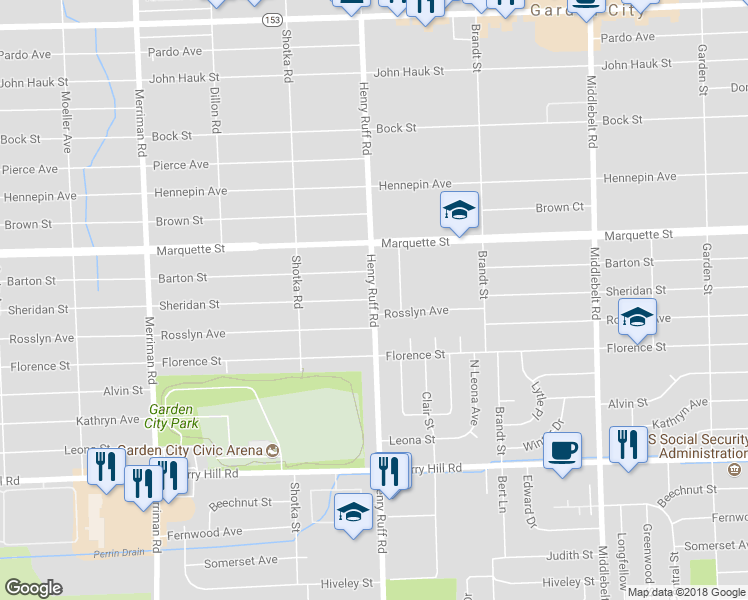 map of restaurants, bars, coffee shops, grocery stores, and more near 876 Henry Ruff Road in Garden City