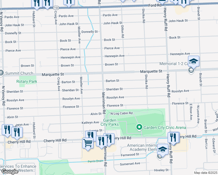 map of restaurants, bars, coffee shops, grocery stores, and more near 31314 Sheridan Street in Garden City