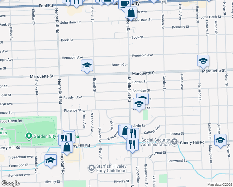 map of restaurants, bars, coffee shops, grocery stores, and more near 29535 Sheridan Street in Garden City