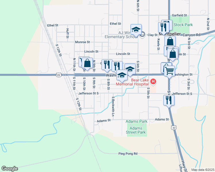 map of restaurants, bars, coffee shops, grocery stores, and more near 823 Jackson Street in Montpelier