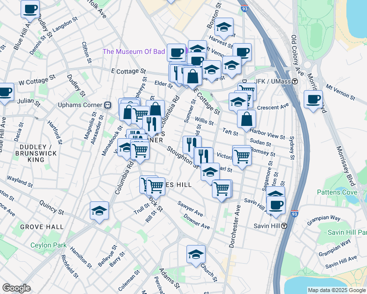 map of restaurants, bars, coffee shops, grocery stores, and more near 91 Sumner Street in Boston