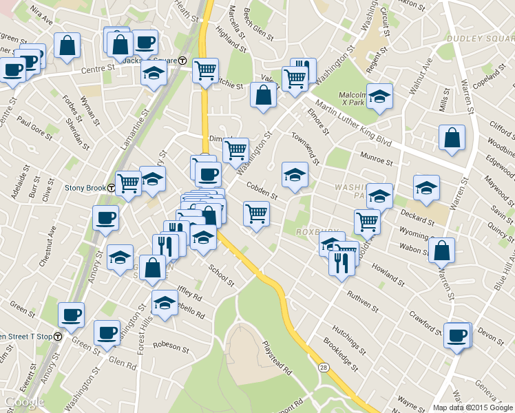 map of restaurants, bars, coffee shops, grocery stores, and more near 18 Westminster Avenue in Boston