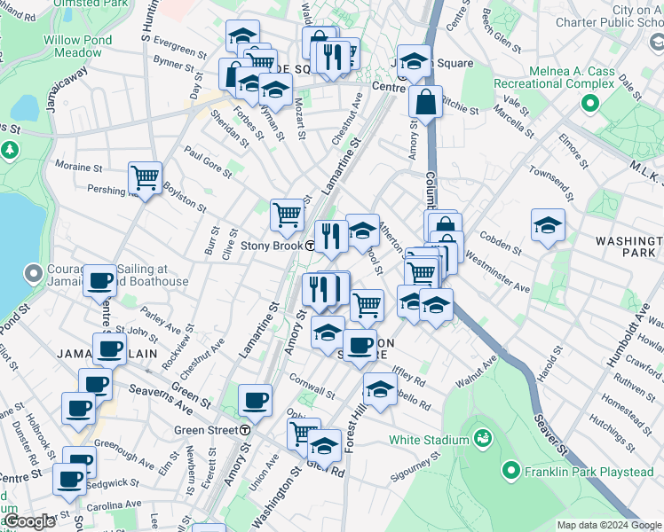 map of restaurants, bars, coffee shops, grocery stores, and more near 145 Boylston Street in Boston