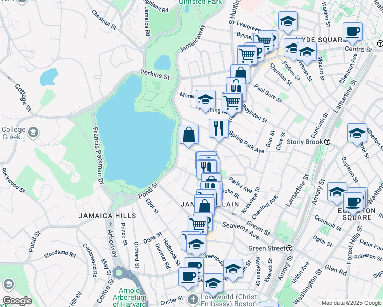map of restaurants, bars, coffee shops, grocery stores, and more near 17 Lakeville Road in Boston