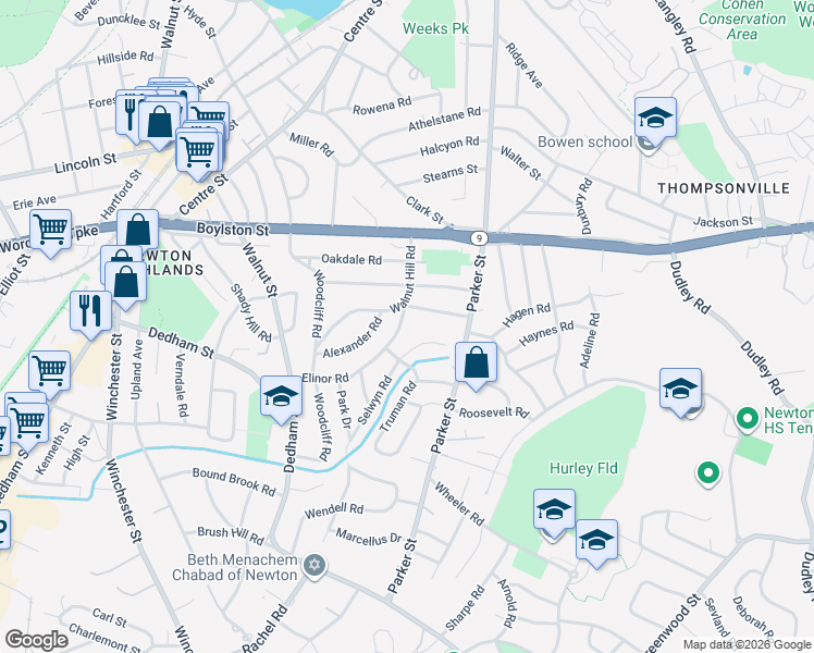 map of restaurants, bars, coffee shops, grocery stores, and more near 115 Elinor Road in Newton