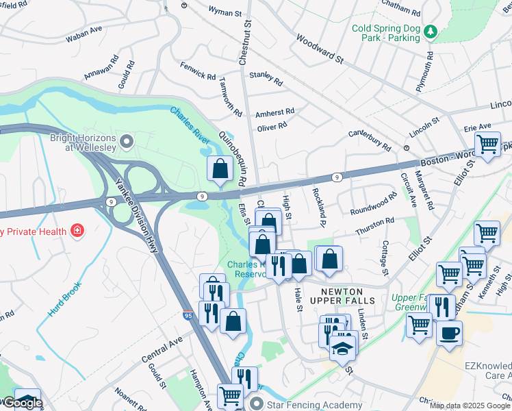 map of restaurants, bars, coffee shops, grocery stores, and more near 943 Chestnut Street in Newton