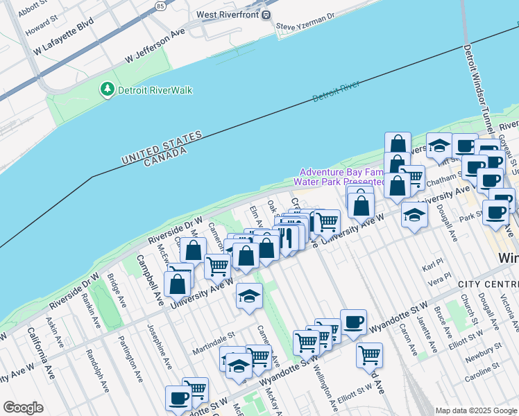 map of restaurants, bars, coffee shops, grocery stores, and more near 112 Elm Avenue in Windsor