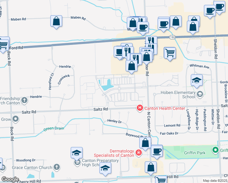 map of restaurants, bars, coffee shops, grocery stores, and more near 45936 South Stonewood Road in Canton