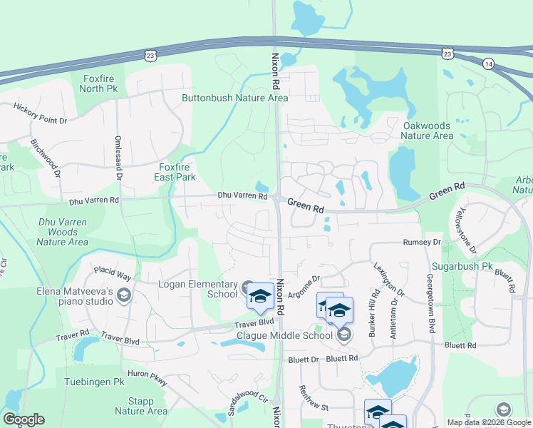 map of restaurants, bars, coffee shops, grocery stores, and more near 2842 Ridington Road in Ann Arbor