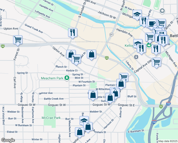 map of restaurants, bars, coffee shops, grocery stores, and more near 86 Upton Avenue in Battle Creek