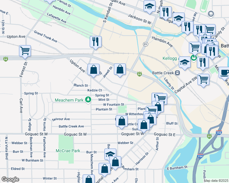 map of restaurants, bars, coffee shops, grocery stores, and more near 100 Upton Avenue in Battle Creek