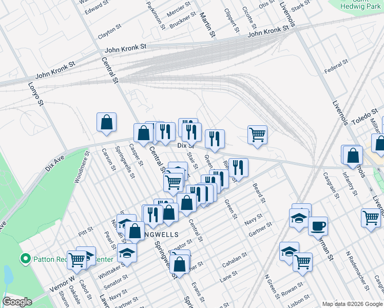 map of restaurants, bars, coffee shops, grocery stores, and more near 2568 Stair Street in Detroit