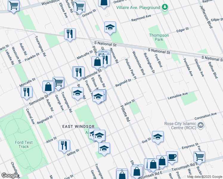 map of restaurants, bars, coffee shops, grocery stores, and more near 1605 Pillette Road in Windsor