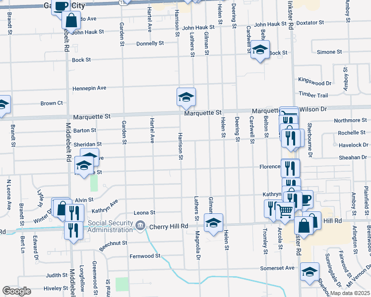 map of restaurants, bars, coffee shops, grocery stores, and more near 846 Harrison Street in Garden City