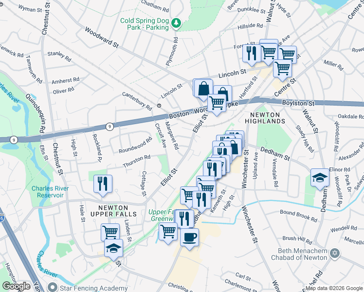 map of restaurants, bars, coffee shops, grocery stores, and more near 57 Charles Street in Newton