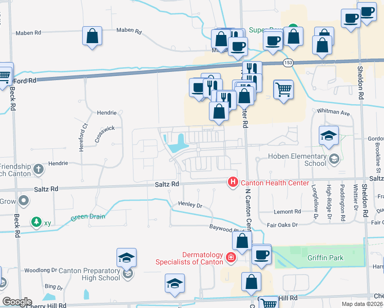 map of restaurants, bars, coffee shops, grocery stores, and more near 45746 South Stonewood Road in Canton