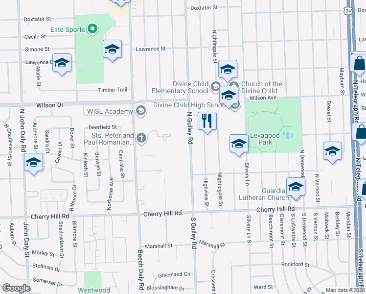 map of restaurants, bars, coffee shops, grocery stores, and more near 655 North Gulley Road in Dearborn Heights