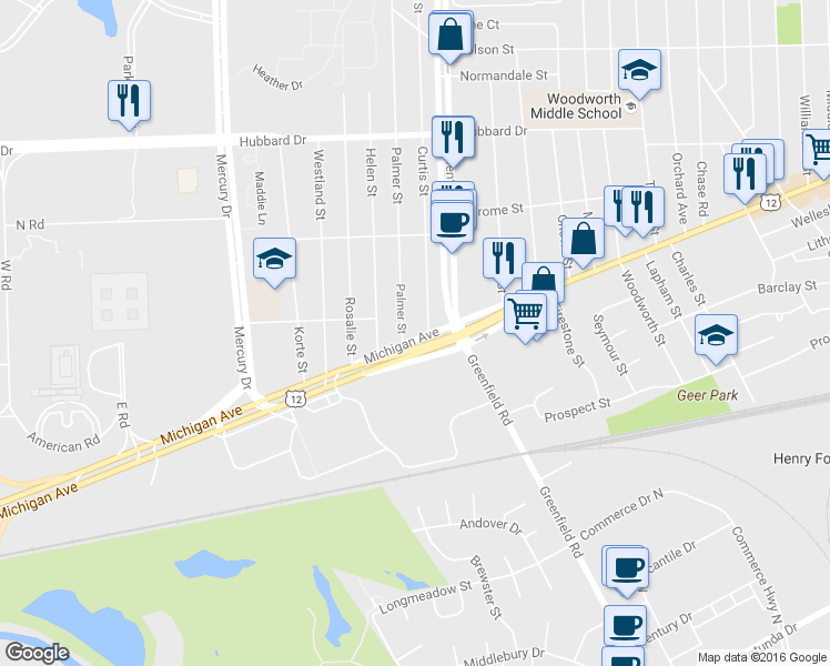 map of restaurants, bars, coffee shops, grocery stores, and more near 15620 Michigan Ave in Dearborn