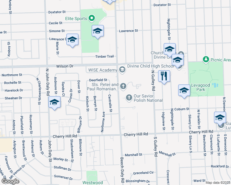 map of restaurants, bars, coffee shops, grocery stores, and more near 633 Beech Daly in Dearborn Heights