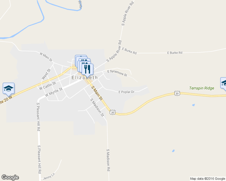 map of restaurants, bars, coffee shops, grocery stores, and more near 118 East Poplar Drive in Elizabeth