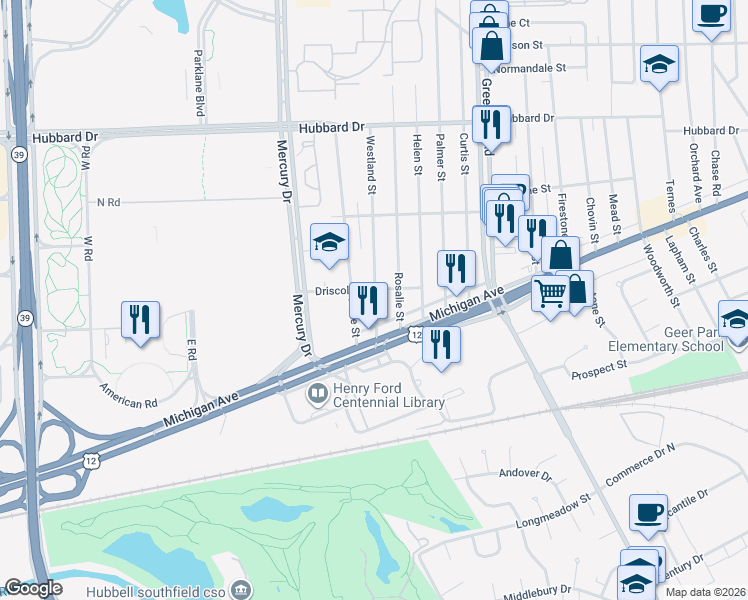 map of restaurants, bars, coffee shops, grocery stores, and more near 4485 Westland Street in Dearborn