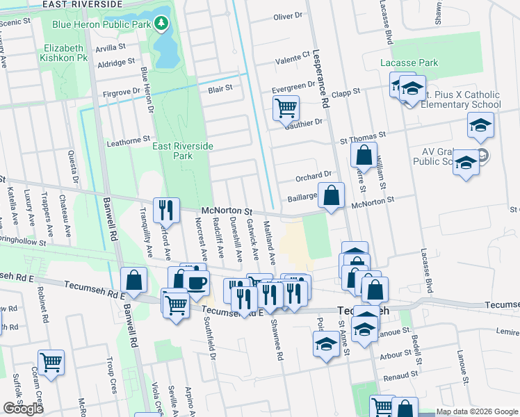 map of restaurants, bars, coffee shops, grocery stores, and more near in Windsor