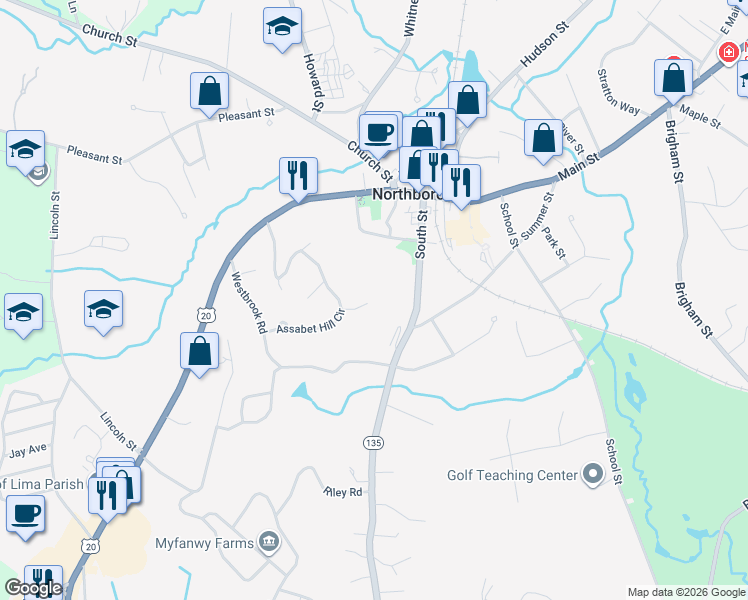 map of restaurants, bars, coffee shops, grocery stores, and more near 15 Patriot Drive in Northborough