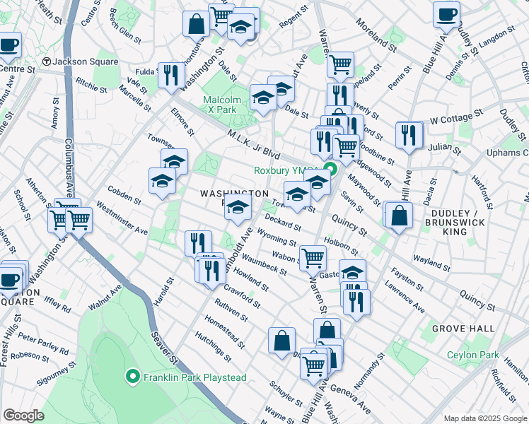 map of restaurants, bars, coffee shops, grocery stores, and more near 112 Humboldt Avenue in Boston