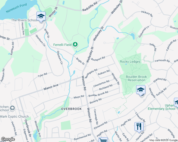 map of restaurants, bars, coffee shops, grocery stores, and more near 22 Northgate Road in Wellesley