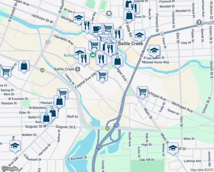 map of restaurants, bars, coffee shops, grocery stores, and more near 2 East Hamblin Avenue in Battle Creek