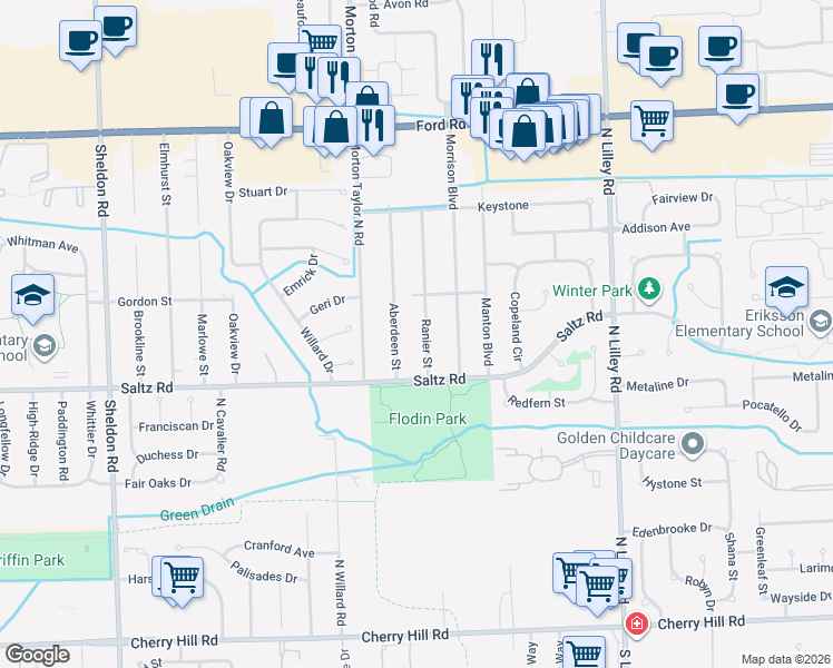map of restaurants, bars, coffee shops, grocery stores, and more near 1439 Ranier Street in Canton