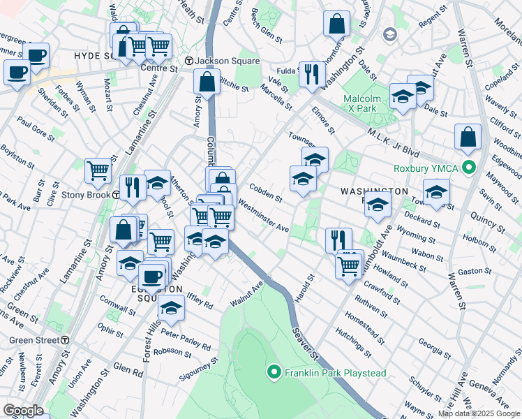 map of restaurants, bars, coffee shops, grocery stores, and more near 18 Westminster Avenue in Boston