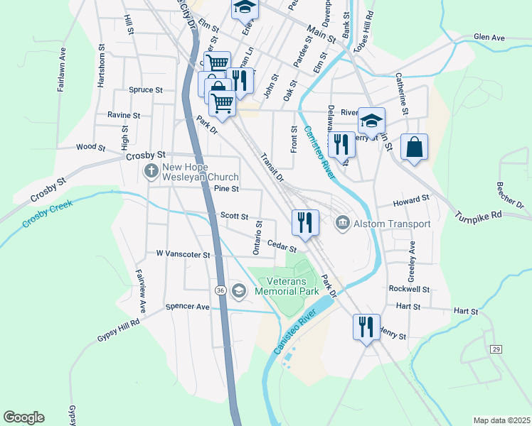map of restaurants, bars, coffee shops, grocery stores, and more near 364 Ontario St in Hornell