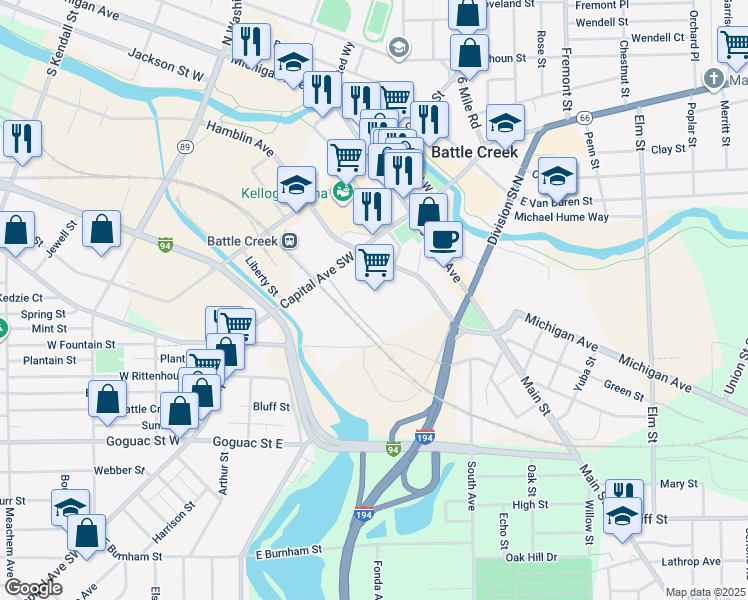 map of restaurants, bars, coffee shops, grocery stores, and more near 2 East Hamblin Avenue in Battle Creek