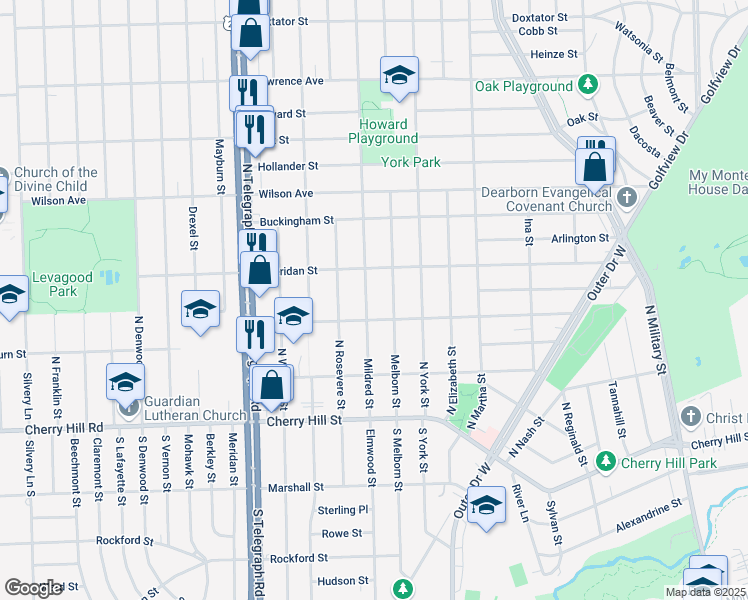 map of restaurants, bars, coffee shops, grocery stores, and more near 640 Mildred Street in Dearborn